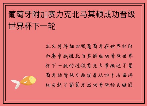 葡萄牙附加赛力克北马其顿成功晋级世界杯下一轮