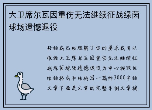 大卫席尔瓦因重伤无法继续征战绿茵球场遗憾退役